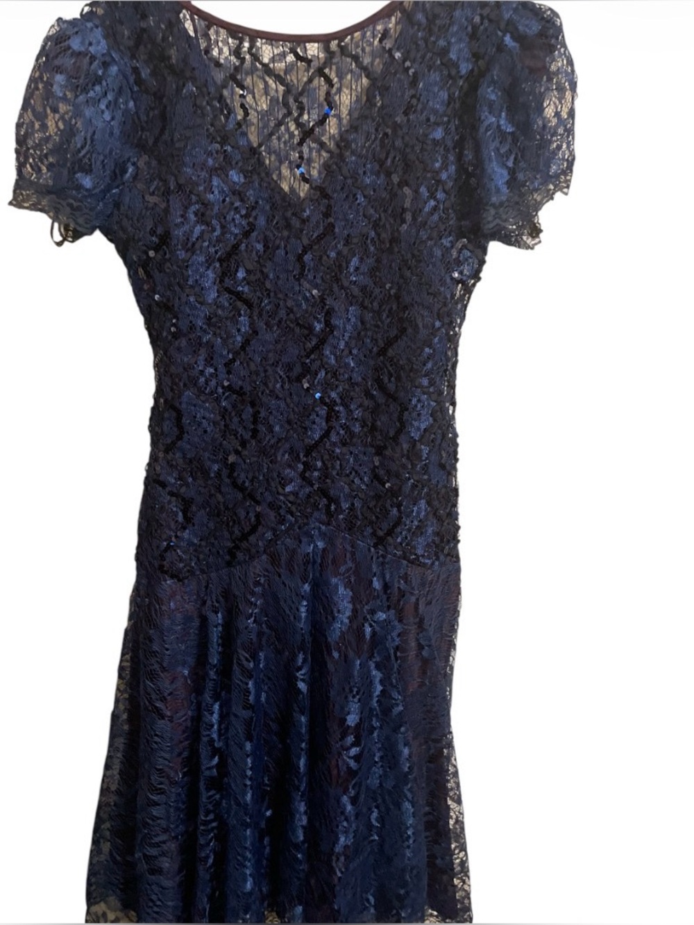 Women's Handmade Navy Lace Midi Dress with Short Sleeves